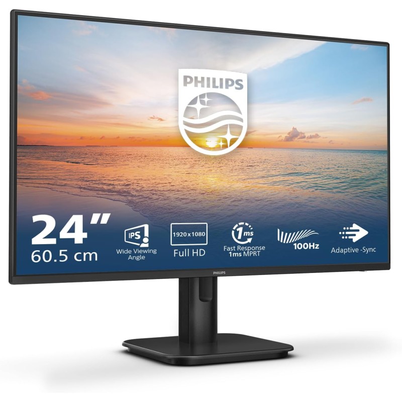 PHILIPS 24E1N1100A Monitor 24" 100Hz Frameless IPS FHD (1920x1080), 1ms (MPRT), Altoparlanti integrati, VGA, HDMI, Attacco VESA, 2023, Nero, altoparlante integrato - 24"