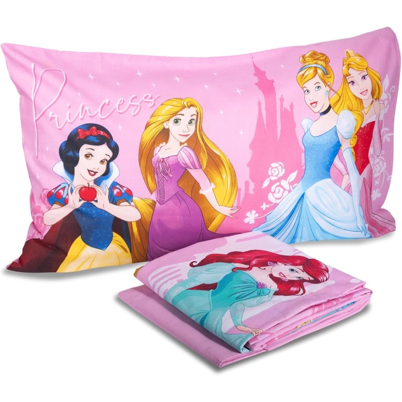 Princess, Set Lenzuolo Letto Piazza E Mezza, Completo Letto Piazza E Mezza Disney, Lenzuolo Sopra, Lenzuolo Con Angoli, Federa, Rosa, Disney, 100% Cotone, Prodotto Ufficiale - Una piazza e mezza Princess