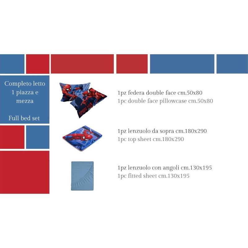 Set Lenzuolo Letto Piazza E Mezza, Completo Letto Piazza E Mezza Disney, Lenzuolo Sopra, Lenzuolo Con Angoli, Federa, Blu, 100% Cotone, Prodotto Ufficiale - Una piazza e mezza Spiderman