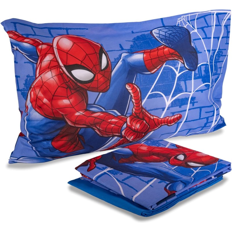 Set Lenzuolo Letto Piazza E Mezza, Completo Letto Piazza E Mezza Disney, Lenzuolo Sopra, Lenzuolo Con Angoli, Federa, Blu, 100% Cotone, Prodotto Ufficiale - Una piazza e mezza Spiderman