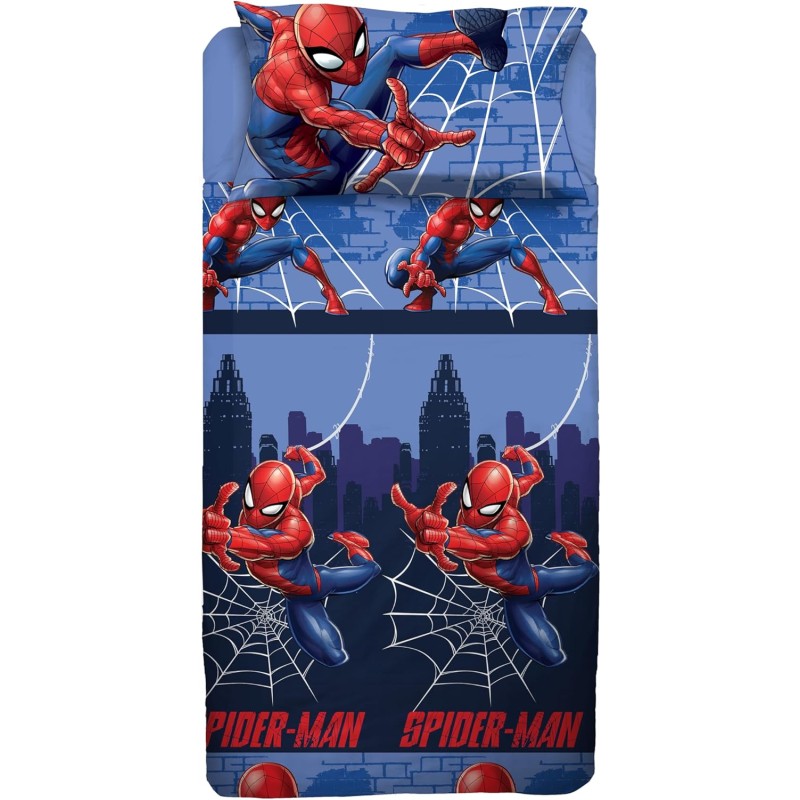 Set Lenzuolo Letto Piazza E Mezza, Completo Letto Piazza E Mezza Disney, Lenzuolo Sopra, Lenzuolo Con Angoli, Federa, Blu, 100% Cotone, Prodotto Ufficiale - Una piazza e mezza Spiderman