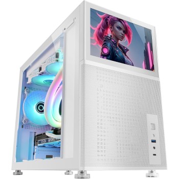 Mars Gaming MC-LCD, Case PC Compatto Micro-ATX, Display LCD IPS 8", Griglia Laterale, Superiore e Frontale Mesh, Finestra Laterale Vetro Temperato, Mini Torre Gaming Design Pannelli Modulari, Bianco
