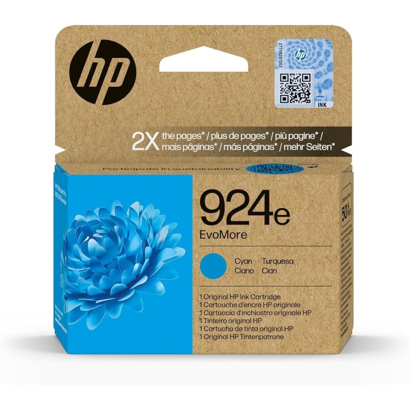 HP 924e EvoMore Ciano, 4K0V7NE, Cartuccia Originale HP ad Alta Capacità da 800 Pagine, Compatibile con le Stampanti HP OfficeJet Pro Serie 8120 e 8130 - Ciano