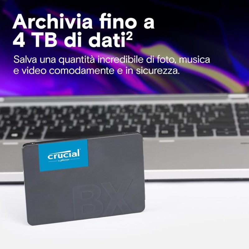 Crucial BX500 SATA SSD 4TB, SSD Interno 2,5", Fino a 540MB/s, Compatibile con Notebook e PC Desktop, 3D NAND, Hard Disk SSD Interno - CT4000BX500SSD101 - 4TB