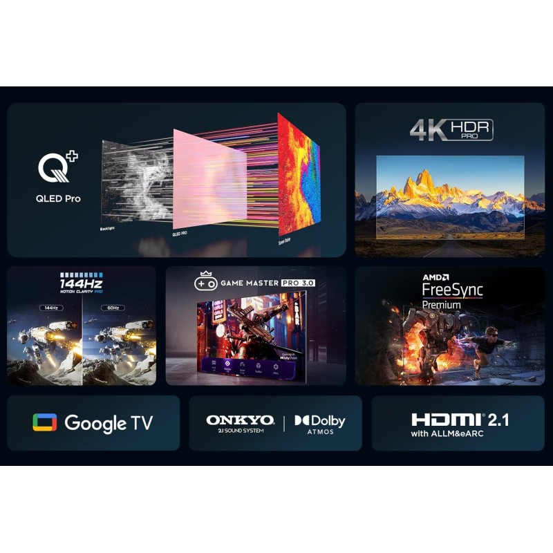 TCL 55T8B, TV QLED 55”, 4K Ultra HD, Google TV (Dolby Vision, Audio ONKYO 2.1 con Dolby Atmos, Controllo vocale hands-free, compatibile con Google assistant & Alexa, AirPlay2) - 55 pollici