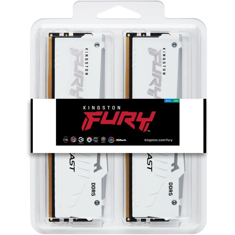 Kingston FURY Beast Bianco RGB XMP 32GB 6000MT/s DDR5 CL30 DIMM Memoria Gaming per Computer Fissi Kit da 2 - KF560C30BWAK2-32 - 32GB Bianco