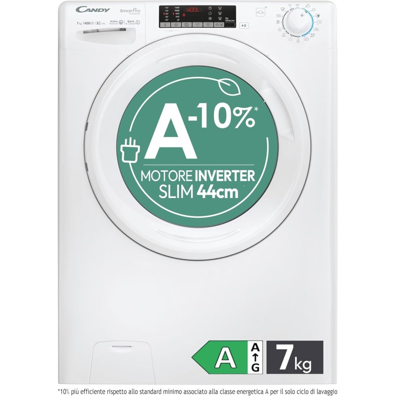 Candy Smart Pro Inverter CO4474TWM6/1-S Lavatrice a carica frontale, 7KG, Classe A-10%, 1400 giri, Motore Speed Dive Inverter, 16 programmi, AxLxP 85x60x45,4 cm, Bianco [Classe di energetica A]