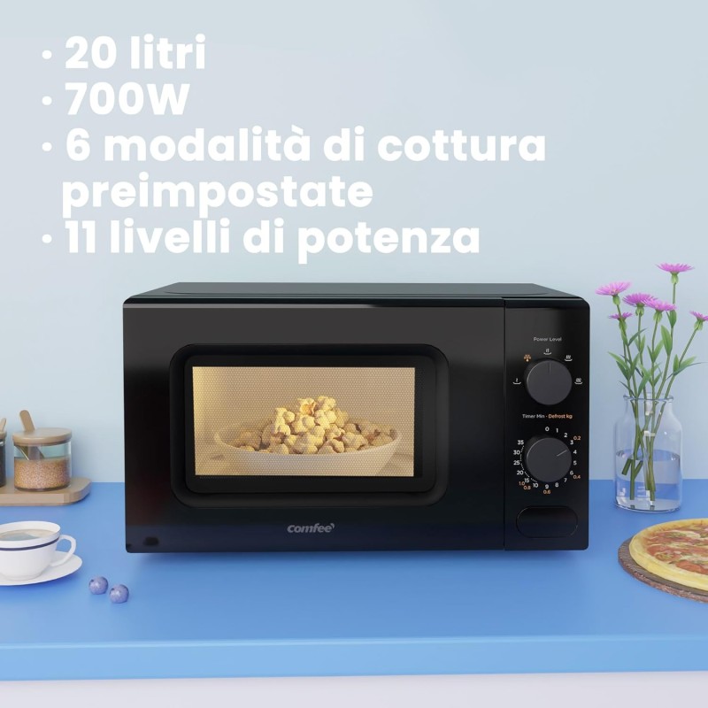 COMFEE' Forno a Microonde Nero, 20 Litri, 700 W, 5 Livelli di Potenza, Funzione di Scongelamento Rapido, Timer Manuale, Design Compatto-CM-M202CC(BK) - Nero