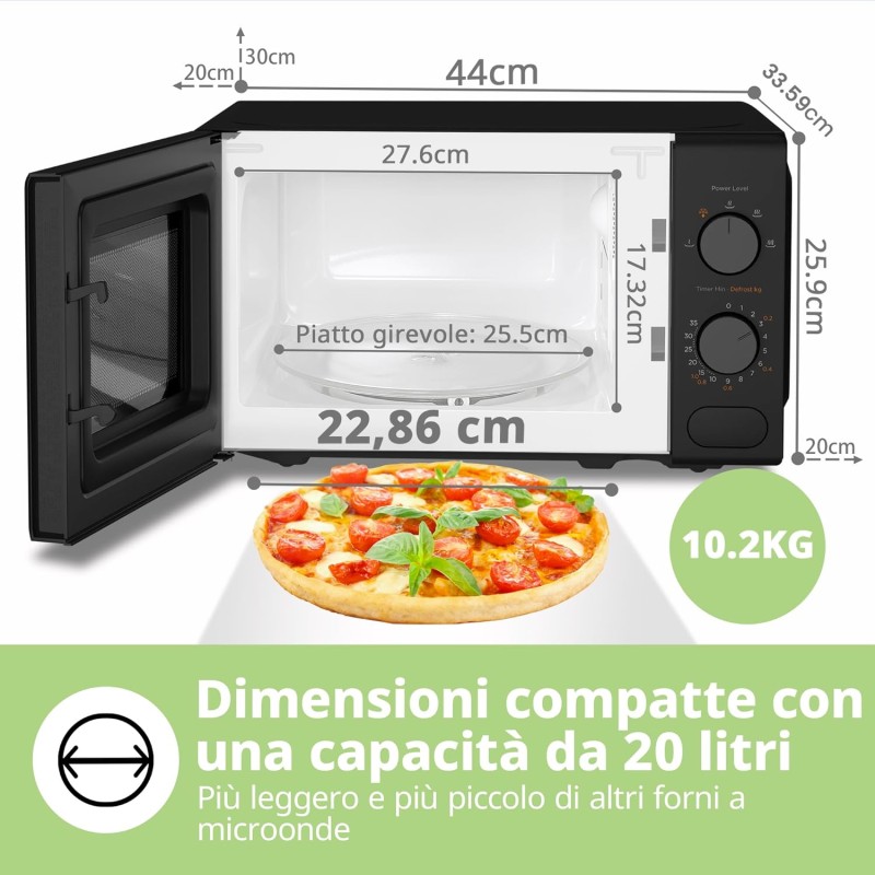 COMFEE' Forno a Microonde Nero, 20 Litri, 700 W, 5 Livelli di Potenza, Funzione di Scongelamento Rapido, Timer Manuale, Design Compatto-CM-M202CC(BK) - Nero