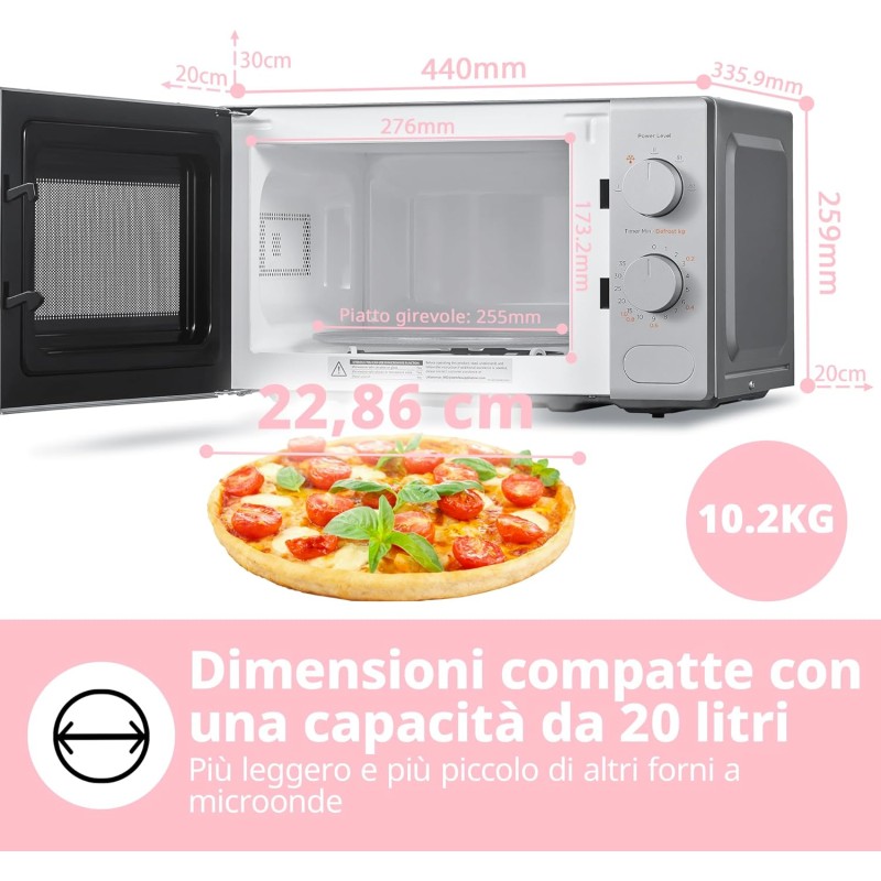 COMFEE' Forno a Microonde Grigio, 20 Litri, 700 W, 5 Livelli di Potenza, Funzione di Scongelamento Rapido, Timer Manuale, Design Compatto-CM-M202CC(GR) - Grigio