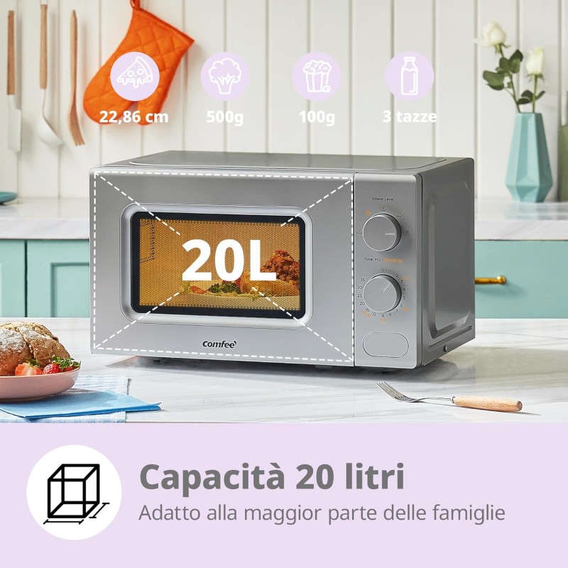 COMFEE' Forno a Microonde Grigio, 20 Litri, 700 W, 5 Livelli di Potenza, Funzione di Scongelamento Rapido, Timer Manuale, Design Compatto-CM-M202CC(GR) - Grigio