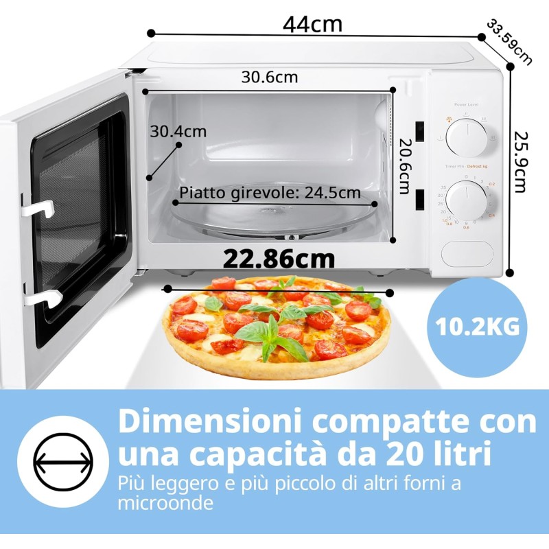 COMFEE' Forno a Microonde Bianco, 20 Litri, 700 W, 5 Livelli di Potenza, Funzione di Scongelamento Rapido, Timer Manuale, Design Compatto-CM-M202CC(WH) - Bianco