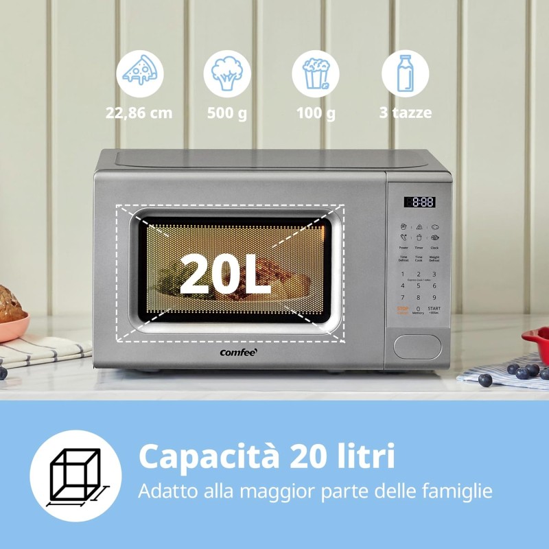 COMFEE' Forno a Microonde Digitale, 700W, 20L, 6 Menù Preimpostati, Express Cook, 11 Livelli di Potenza, Scongelamento, Funzione di Memorizzazione - Grigio - CM-E202CC(GR) - Grigio