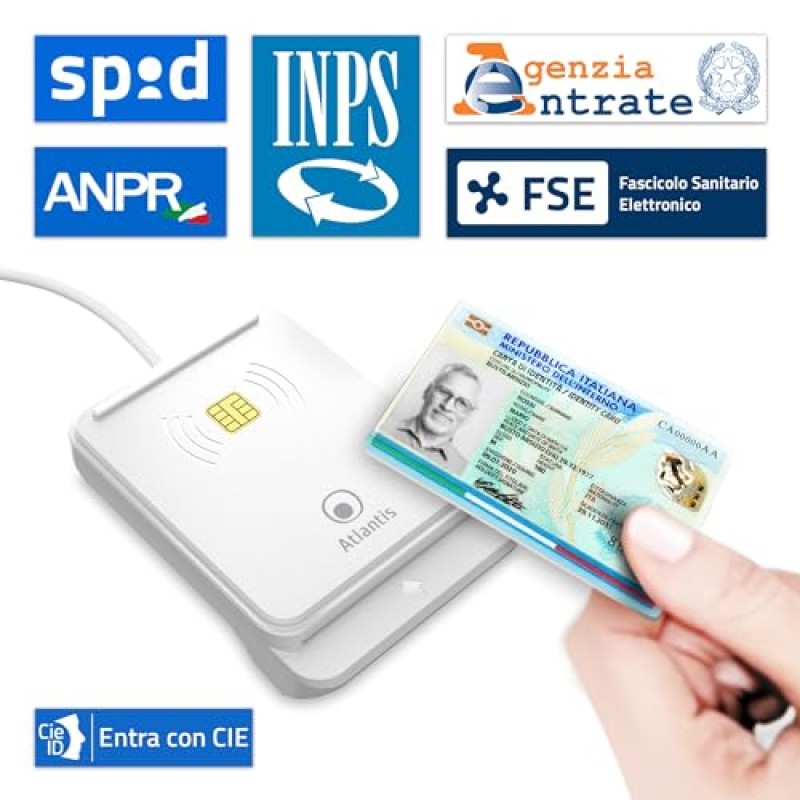 Atlantis lettore cie 3.0 carta d'identità elettronica e tessera sanitaria italiana, lettore smart card cns carta nazionale dei servizi, adatto per INPS, Ag. delle entrate, INAIL, Fascicolo sanitario Atlantis lettore cie 3.0 carta d'identità elettronica e tessera sanitaria italiana, lettore smart card cns carta nazionale dei servizi, adatto per INPS, Ag. delle entrate, INAIL, Fascicolo sanitario