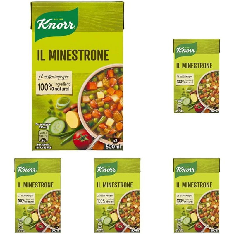 Knorr Minestrone Tradizionale, Piatti Pronti Knorr con Ingredienti 100% Naturali, Senza Coloranti e Senza Conservanti, Fonte di Fibre, Vegano, Confezione da 2500ml - 500 ml (Confezione da 5) Knorr Minestrone Tradizionale, Piatti Pronti Knorr con Ingredienti 100% Naturali, Senza Coloranti e Senza Conservanti, Fonte di Fibre, Vegano, Confezione da 2500ml - 500 ml (Confezione da 5)