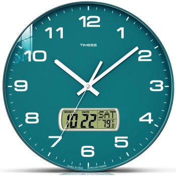 TIMESS Orologio da parete, quadrante da 33 cm, silenzioso, funzionamento a batteria, analogico, con display LCD per calendario perpetuo e temperatura F°, ideale per la casa moderna e la decorazione - 13 Inch Verde