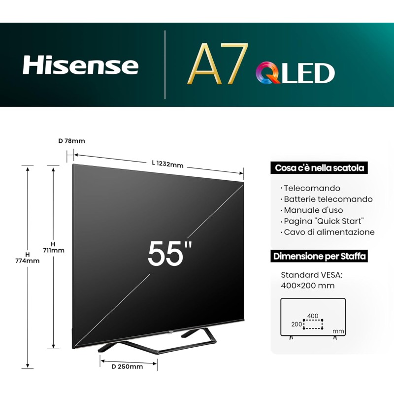 Hisense TV 55" QLED 4K 55A72NQ, Smart TV VIDAA U7, Dolby Vision, HDR 10+, Game Mode Plus, Dolby Atmos, Alexa Built-in, VIDAA Voice, Tuner DVB-T2/S2 HEVC 10, lativù 4K - 55'' Hisense TV 55" QLED 4K 55A72NQ, Smart TV VIDAA U7, Dolby Vision, HDR 10+, Game Mode Plus, Dolby Atmos, Alexa Built-in, VIDAA Voice, Tuner DVB-T2/S2 HEVC 10, lativù 4K - 55''