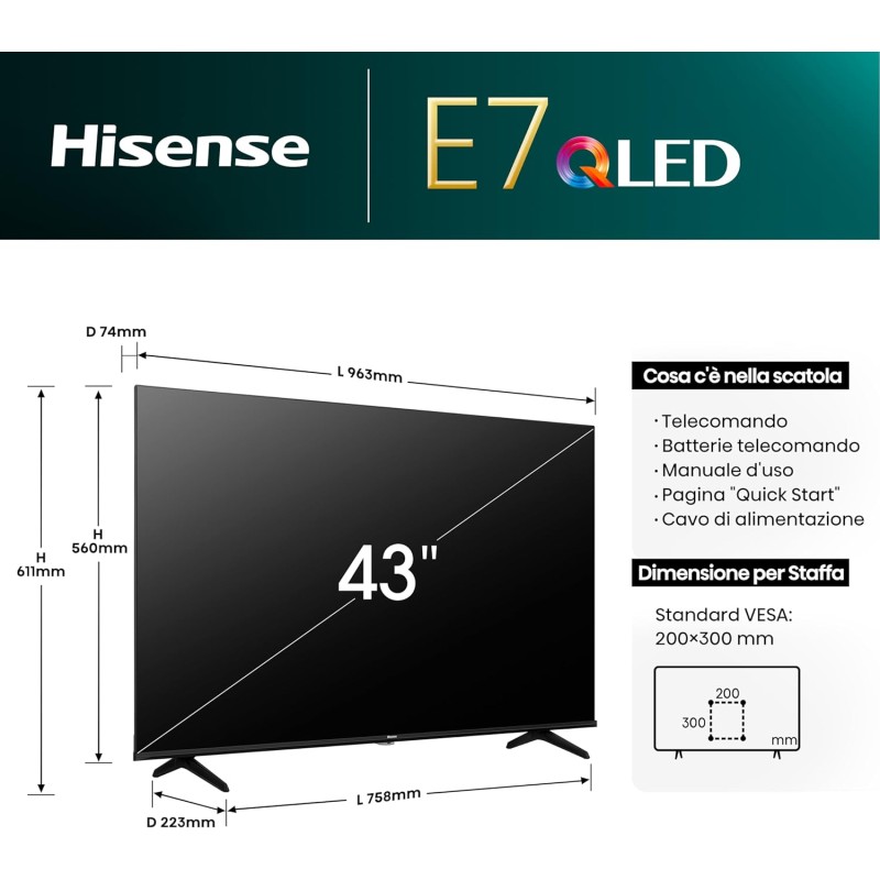 Hisense TV 43" QLED 4K 43E77NQ, Smart TV VIDAA U7, Dolby Vision, HDR 10+, Game Mode Plus, Dolby Atmos, Alexa Built-in, VIDAA Voice, Tuner DVB-T2/S2 HEVC 10, lativù 4K - 43 Pollici Hisense TV 43" QLED 4K 43E77NQ, Smart TV VIDAA U7, Dolby Vision, HDR 10+, Game Mode Plus, Dolby Atmos, Alexa Built-in, VIDAA Voice, Tuner DVB-T2/S2 HEVC 10, lativù 4K - 43 Pollici
