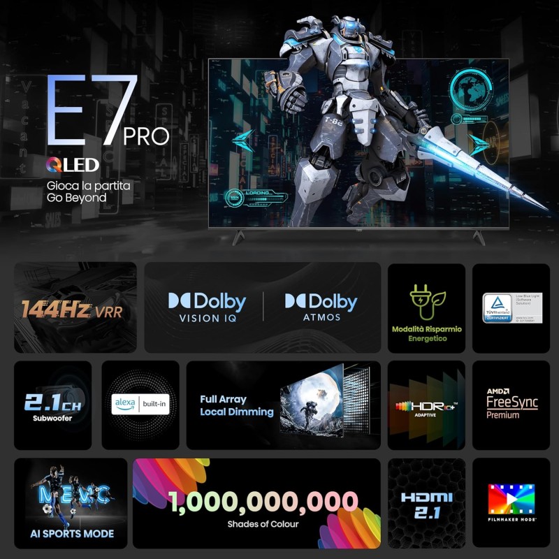 Hisense TV 55" QLED 4K 144Hz 55E77NQ PRO, Smart TV VIDAA U7, Dolby Vision IQ, HDR 10+ Adaptive, 144hz Game Mode PRO, Dolby Atmos 2.1, Alexa Built-in, Tuner DVB-T2/S2 HEVC 10, lativù 4K, 55'', 2024 - 55'' Hisense TV 55" QLED 4K 144Hz 55E77NQ PRO, Smart TV VIDAA U7, Dolby Vision IQ, HDR 10+ Adaptive, 144hz Game Mode PRO, Dolby Atmos 2.1, Alexa Built-in, Tuner DVB-T2/S2 HEVC 10, lativù 4K, 55'', 2024 - 55''
