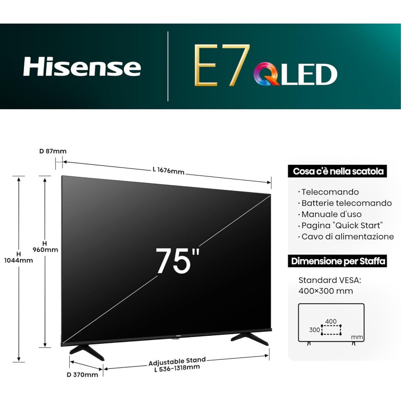Hisense TV 75" QLED 4K 75E77NQ, Smart TV VIDAA U7, Dolby Vision, HDR 10+, Game Mode Plus, Dolby Atmos, Alexa Built-in, VIDAA Voice, Tuner DVB-T2/S2 HEVC 10, lativù 4K - 75'' Hisense TV 75" QLED 4K 75E77NQ, Smart TV VIDAA U7, Dolby Vision, HDR 10+, Game Mode Plus, Dolby Atmos, Alexa Built-in, VIDAA Voice, Tuner DVB-T2/S2 HEVC 10, lativù 4K - 75''