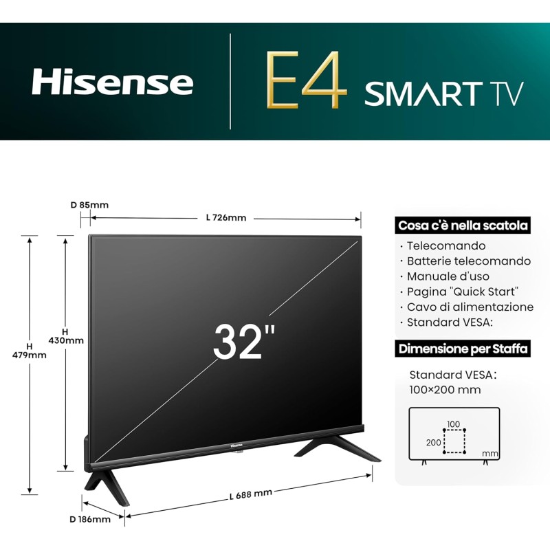 Hisense TV 32" HD Ready 32E43NT, Smart TV VIDAA U7, Game Mode, Works with Alexa, Tuner DVB-T2/S2 HEVC 10, lativù - 32'' Hisense TV 32" HD Ready 32E43NT, Smart TV VIDAA U7, Game Mode, Works with Alexa, Tuner DVB-T2/S2 HEVC 10, lativù - 32''