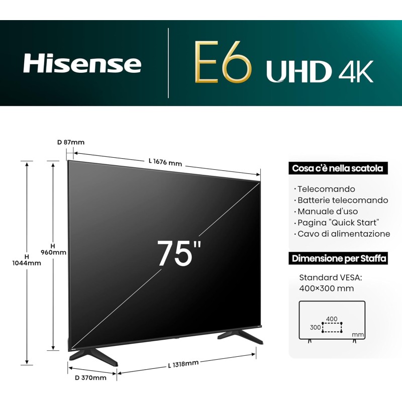 Hisense TV 75" 4K Ultra HD 75E63NT, Smart TV VIDAA U7, Dolby Vision, HDR 10+, DTS Virtual:X, Game Mode Plus, Alexa Built-in, VIDAA Voice, Tuner DVB-T2/S2 HEVC 10, lativù 4K - 75 Pollici Hisense TV 75" 4K Ultra HD 75E63NT, Smart TV VIDAA U7, Dolby Vision, HDR 10+, DTS Virtual:X, Game Mode Plus, Alexa Built-in, VIDAA Voice, Tuner DVB-T2/S2 HEVC 10, lativù 4K - 75 Pollici
