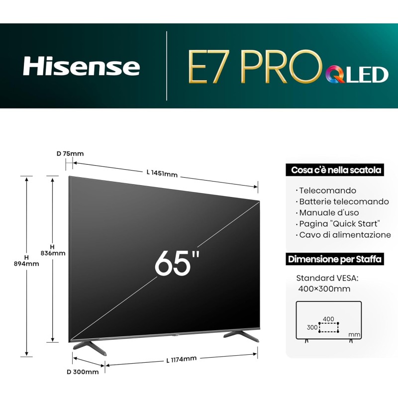 Hisense TV 65" QLED 4K 144Hz 65E77NQ PRO, Smart TV VIDAA U7, Dolby Vision IQ, HDR 10+ Adaptive, 144hz Game Mode PRO, Dolby Atmos 2.1, Alexa Built-in, Tuner DVB-T2/S2 HEVC 10, lativù 4K, 65'', 2024 - 65'' Hisense TV 65" QLED 4K 144Hz 65E77NQ PRO, Smart TV VIDAA U7, Dolby Vision IQ, HDR 10+ Adaptive, 144hz Game Mode PRO, Dolby Atmos 2.1, Alexa Built-in, Tuner DVB-T2/S2 HEVC 10, lativù 4K, 65'', 2024 - 65''