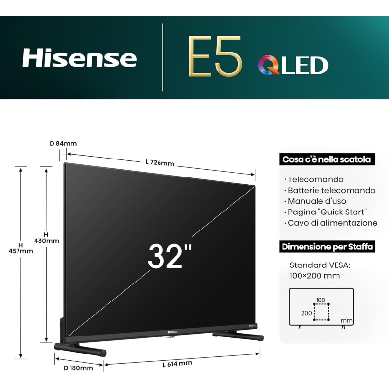 Hisense TV 32" QLED FHD 32E53NQT, Smart TV VIDAA U6, HDR10, Game Mode, Dolby Atmos, Works with Alexa, Tuner DVB-T2/S2 HEVC 10, lativù - 32 Pollici Hisense TV 32" QLED FHD 32E53NQT, Smart TV VIDAA U6, HDR10, Game Mode, Dolby Atmos, Works with Alexa, Tuner DVB-T2/S2 HEVC 10, lativù - 32 Pollici