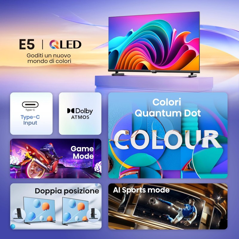 Hisense TV 32" QLED FHD 32E53NQT, Smart TV VIDAA U6, HDR10, Game Mode, Dolby Atmos, Works with Alexa, Tuner DVB-T2/S2 HEVC 10, lativù - 32 Pollici Hisense TV 32" QLED FHD 32E53NQT, Smart TV VIDAA U6, HDR10, Game Mode, Dolby Atmos, Works with Alexa, Tuner DVB-T2/S2 HEVC 10, lativù - 32 Pollici