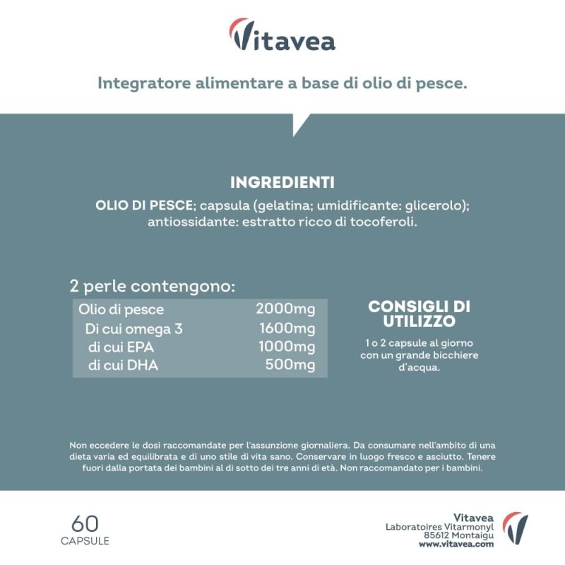 Omega 3 Olio di Pesce con 1000 mg EPA e 500 mg DHA - Alto Dosaggio Quotidiano - Senza Retrogusto - 2000 mg Olio di Pesce - 60 Capsule Softgel - Integratore Omega 3 e Acidi Grassi Essenziali EPA DHA
