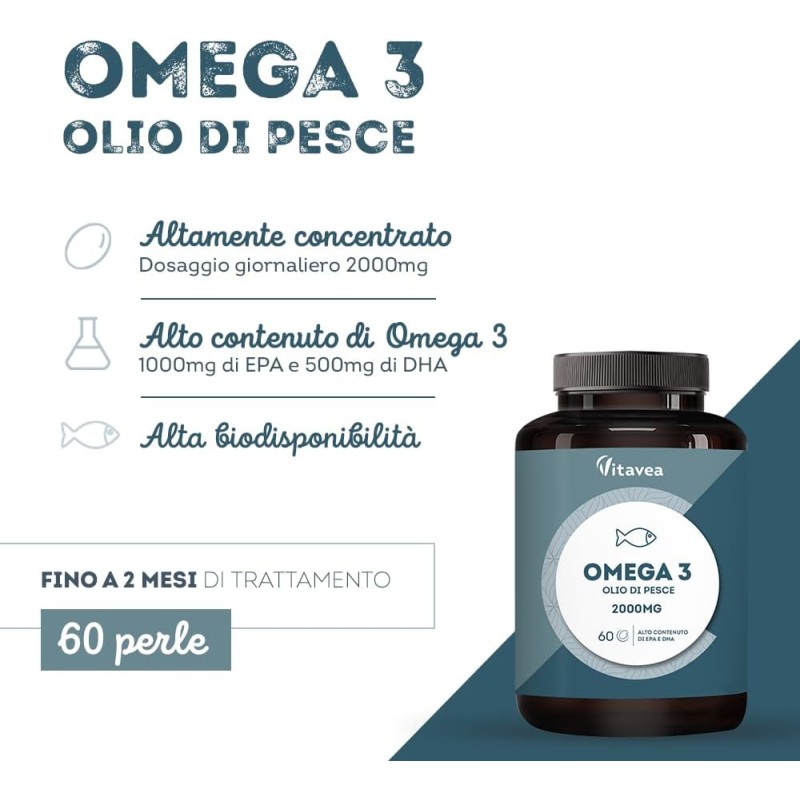Omega 3 Olio di Pesce con 1000 mg EPA e 500 mg DHA - Alto Dosaggio Quotidiano - Senza Retrogusto - 2000 mg Olio di Pesce - 60 Capsule Softgel - Integratore Omega 3 e Acidi Grassi Essenziali EPA DHA