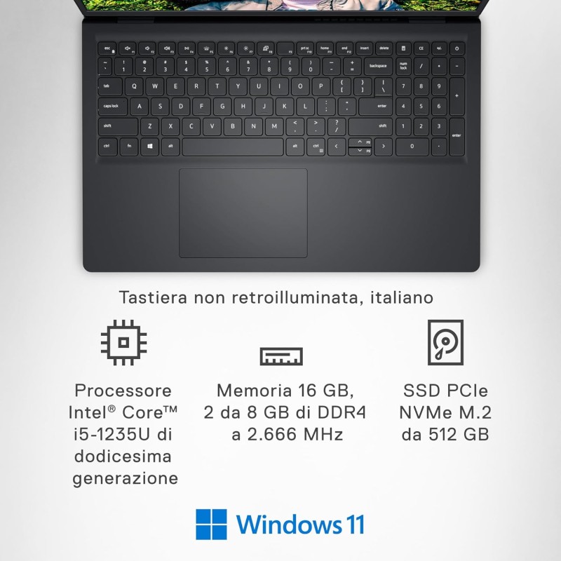 Dell Inspiron 15 3520 Notebook 15.6" Schermo FHD (1920 x 1080), Intel Core i5-1235U, Grafica Intel UHD, 16 GB RAM, 512 GB SSD, Windows 11 Home, Tastiera Italiana, Nero