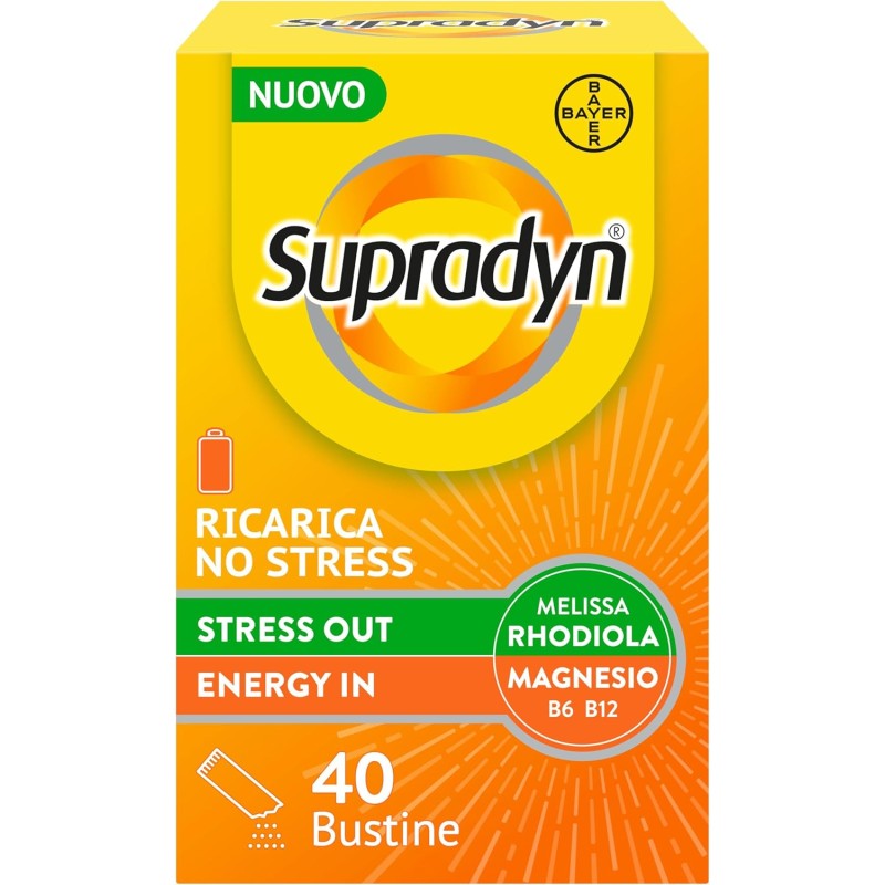 Supradyn Ricarica No Stress, Integratore Multivitaminico Antistress Adulti con Magnesio, Vitamine B, Rhodiola Rosea e Melissa, 40 Bustine Limone Supradyn Ricarica No Stress, Integratore Multivitaminico Antistress Adulti con Magnesio, Vitamine B, Rhodiola Rosea e Melissa, 40 Bustine Limone