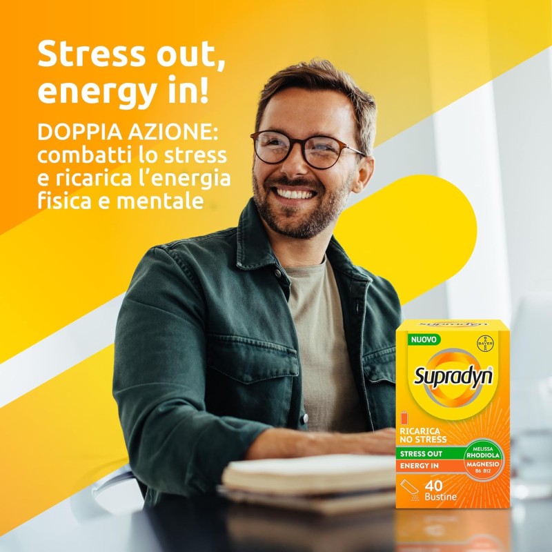Supradyn Ricarica No Stress, Integratore Multivitaminico Antistress Adulti con Magnesio, Vitamine B, Rhodiola Rosea e Melissa, 40 Bustine Limone Supradyn Ricarica No Stress, Integratore Multivitaminico Antistress Adulti con Magnesio, Vitamine B, Rhodiola Rosea e Melissa, 40 Bustine Limone