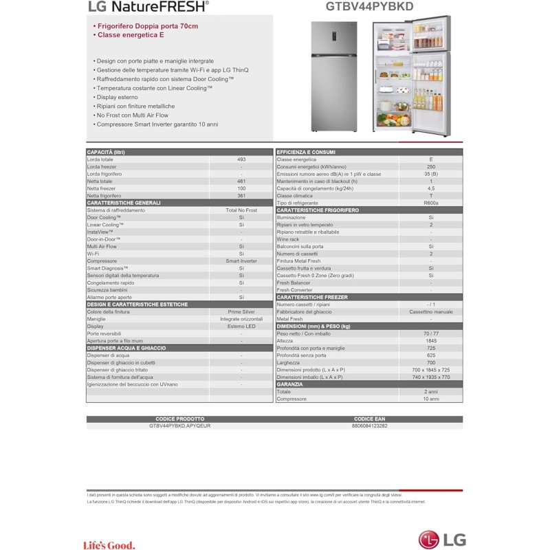 LG GTBV44PYBKD Frigorifero Doppia Porta 70cm, Classe E, 461l, Connettività Wi-fi Con App Thinq, Porte Piatte, Tecnologia Door & Linear Cooling, Display Esterno, Compressore Smart Inverter, Argento - 70 cm Prime Silver