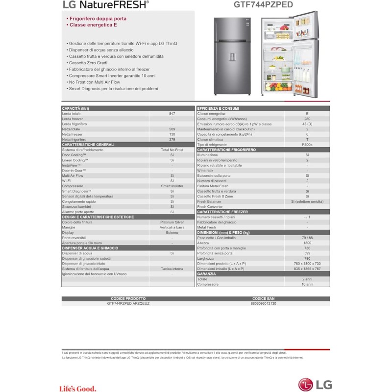 LG GTF744PZPED Frigorifero Doppia Porta, Classe E, 509l, Wi-fi, Door Cooling, Gestione Umidità,dispenser Acqua, Cassetto 0 Gradi, Fabbricatore Del Ghiaccio, Compressore Smart Inverter, Inox - 78 cm Inox Premium