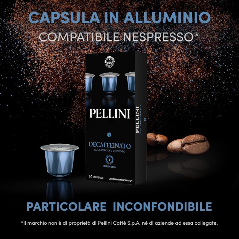 Pellini Top Decaffeinato, 100 Capsule in Alluminio Compatibili Nespresso, Miscela di Caffè Arabica e Robusta con Sentori di Frutta Secca e Fichi, 10 Confezioni da 10 Capsule Pellini Top Decaffeinato, 100 Capsule in Alluminio Compatibili Nespresso, Miscela di Caffè Arabica e Robusta con Sentori di Frutta Secca e Fichi, 10 Confezioni da 10 Capsule