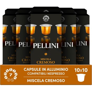 Pellini Cremoso, 100 Capsule in Alluminio Compatibili Nespresso, Miscela di Caffè Arabica e Robusta dal Gusto Avvolgente, Speziato con Note di Caramello e Nocciola, 10 Confezioni da 10 Capsule