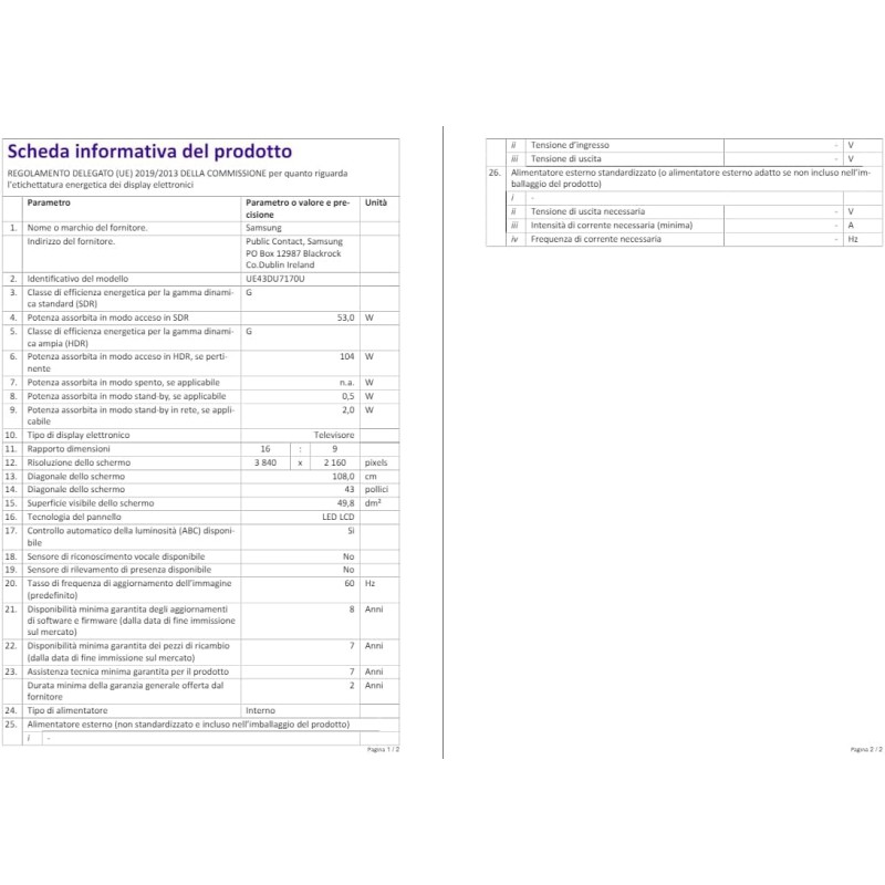 Samsung Smart TV 43" UE43DU7170UXZT, Crystal 4K UHD, 4K Upscaling, Slim Look, DVBT-2, Q-Symphony & OTS Lite, Integrato con Bixby, comp con Alexa e Google Assistant, Black 2024 - 43"