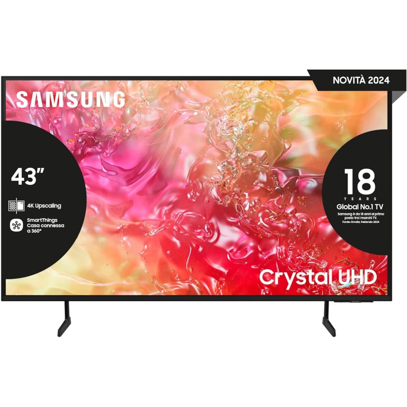 Samsung Smart TV 43" UE43DU7170UXZT, Crystal 4K UHD, 4K Upscaling, Slim Look, DVBT-2, Q-Symphony & OTS Lite, Integrato con Bixby, comp con Alexa e Google Assistant, Black 2024 - 43"