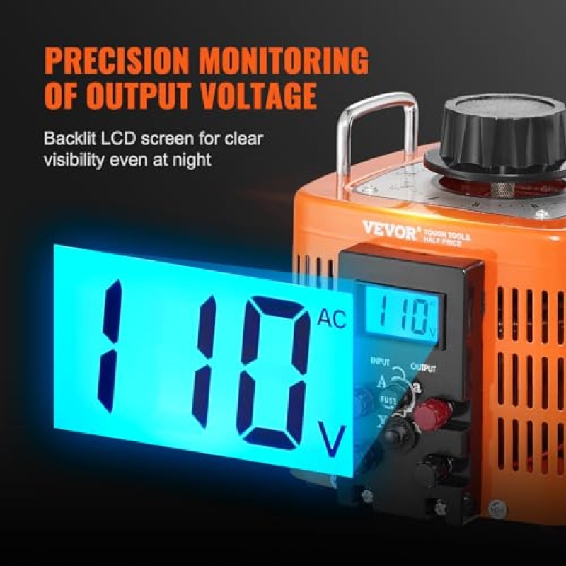 VEVOR Trasformatore di tensione 2000VA, 6,6 Amp, Regolatore di tensione CA con ingresso 230 V e uscita 0-300 V, con display LCD 4 fusibili per ufficio industriale domestico