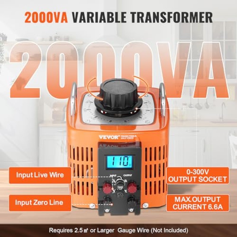 VEVOR Trasformatore di tensione 2000VA, 6,6 Amp, Regolatore di tensione CA con ingresso 230 V e uscita 0-300 V, con display LCD 4 fusibili per ufficio industriale domestico