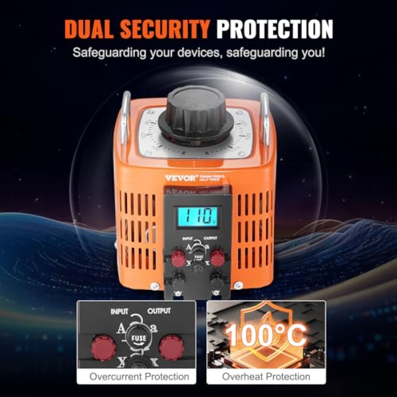 VEVOR Trasformatore di tensione 2000VA, 6,6 Amp, Regolatore di tensione CA con ingresso 230 V e uscita 0-300 V, con display LCD 4 fusibili per ufficio industriale domestico