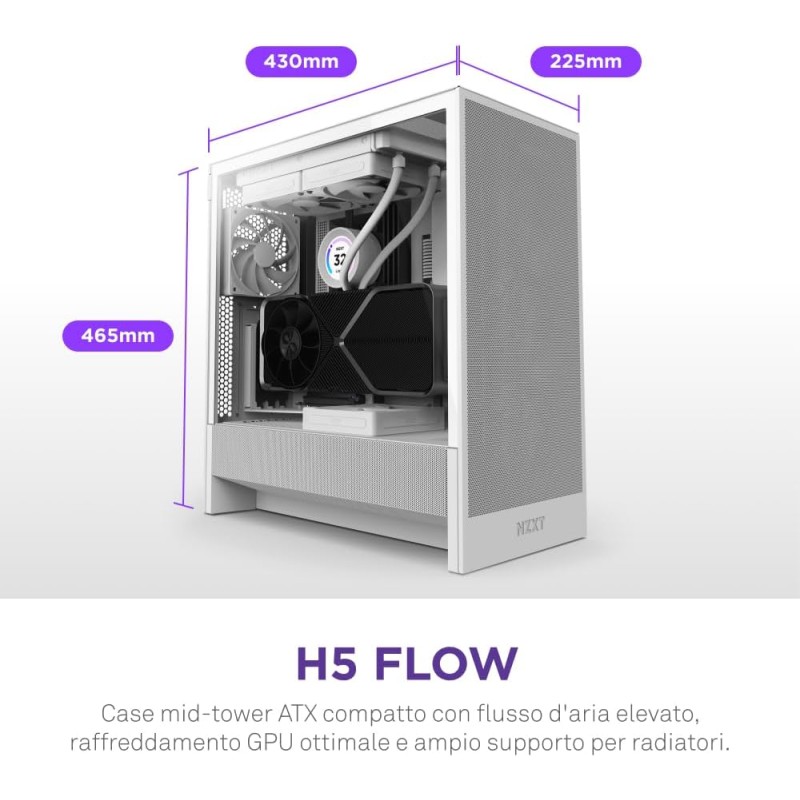NZXT H5 Flow - Case per PC da gaming mid-tower ATX compatto - Flusso d'aria elevato - 2 ventole da 120 mm incluse - Supporto per radiatori da 360 mm (anteriore) e 240 mm (superiore) - Bianco - Bianco NZXT H5 Flow - Case per PC da gaming mid-tower ATX compatto - Flusso d'aria elevato - 2 ventole da 120 mm incluse - Supporto per radiatori da 360 mm (anteriore) e 240 mm (superiore) - Bianco - Bianco