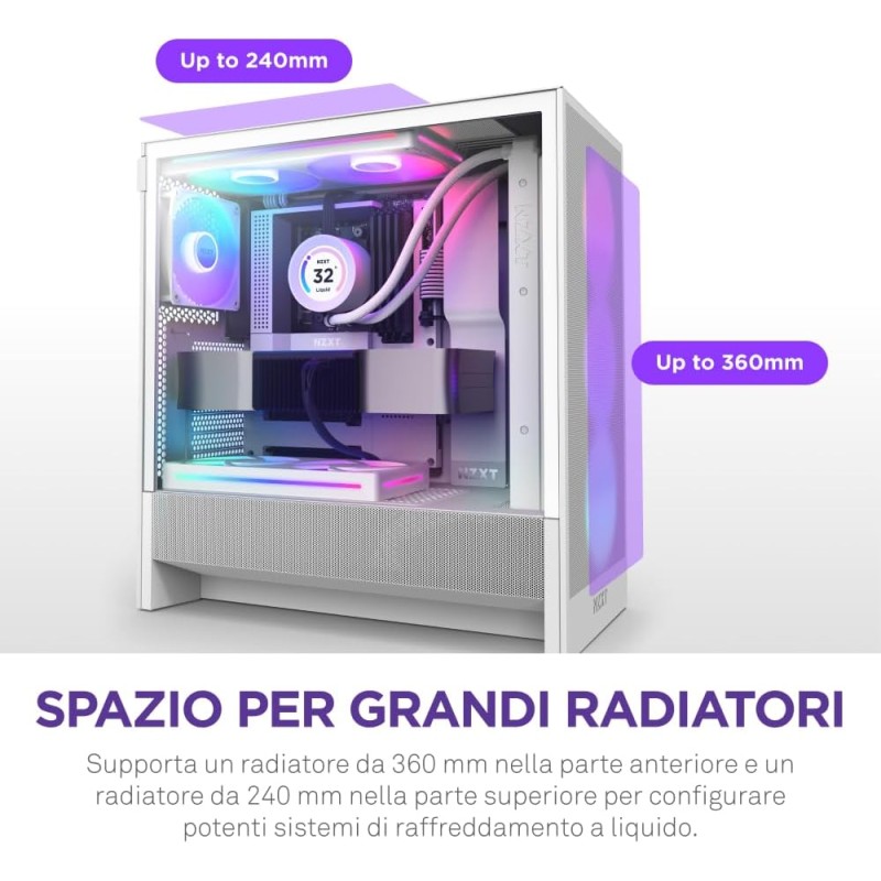 NZXT H5 Flow RGB - Case per PC da gaming mid-tower ATX compatto - Flusso d'aria elevato - Ventola F360 RGB Core (CV) inclusa - Supporto per radiatori da 360 mm (anteriore) - Bianco - Bianco NZXT H5 Flow RGB - Case per PC da gaming mid-tower ATX compatto - Flusso d'aria elevato - Ventola F360 RGB Core (CV) inclusa - Supporto per radiatori da 360 mm (anteriore) - Bianco - Bianco