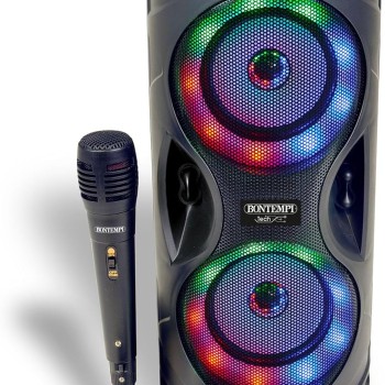 Bontempi | SonicSync - Amplificatore Wireless Karaoke con Microfono Dinamico, Effetti Luminosi, Regolatore Alti e Bassi, TWS ed Effetto Eco, 41,4x18,8x18,8 cm
