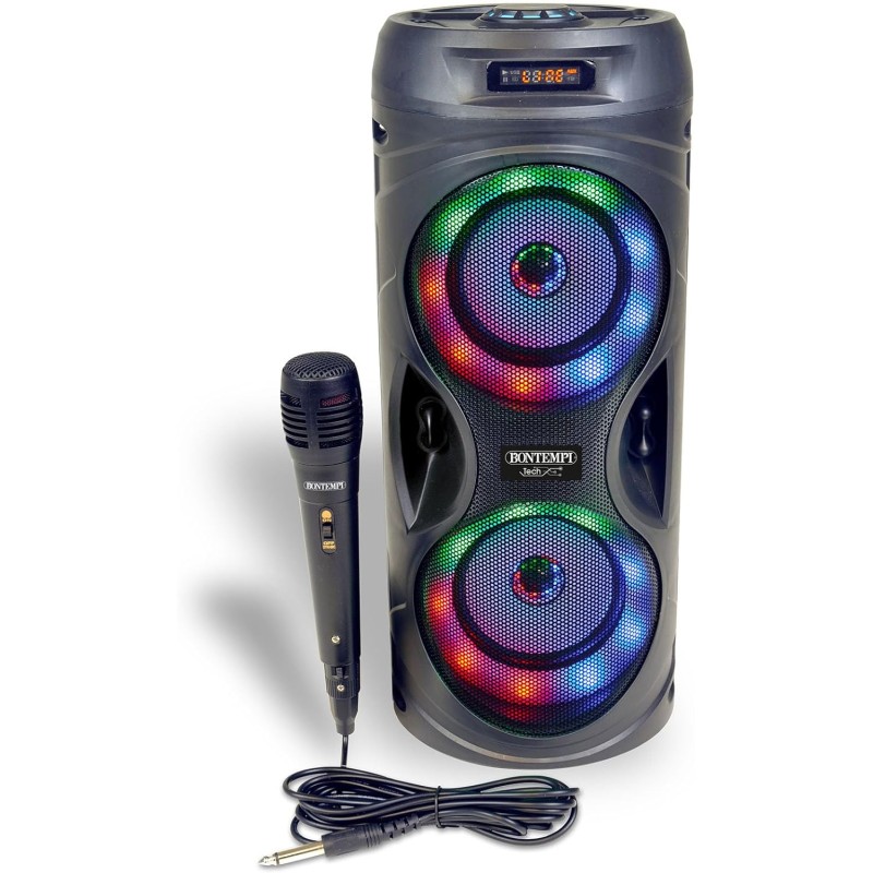 Bontempi | SonicSync - Amplificatore Wireless Karaoke con Microfono Dinamico, Effetti Luminosi, Regolatore Alti e Bassi, TWS ed Effetto Eco, 41,4x18,8x18,8 cm