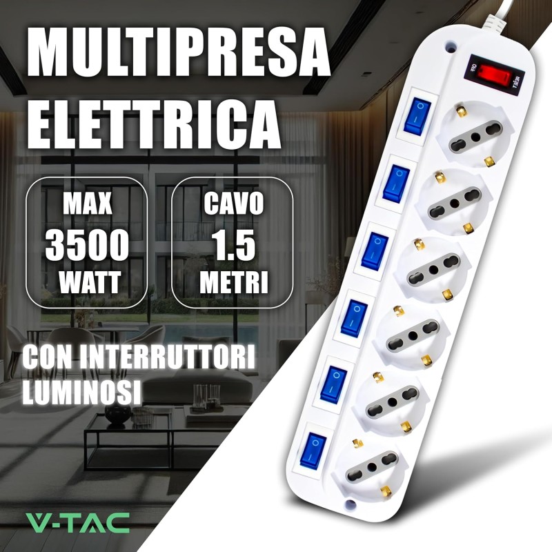 V-TAC Multipresa Elettrica con Interruttori Indipendenti - 6 Prese 10/16A Bipasso + Schuko - Spina 16A - Presa Elettrica per Casa, Ufficio, Negozio - Ciabatta - Colore Bianco V-TAC Multipresa Elettrica con Interruttori Indipendenti - 6 Prese 10/16A Bipasso + Schuko - Spina 16A - Presa Elettrica per Casa, Ufficio, Negozio - Ciabatta - Colore Bianco