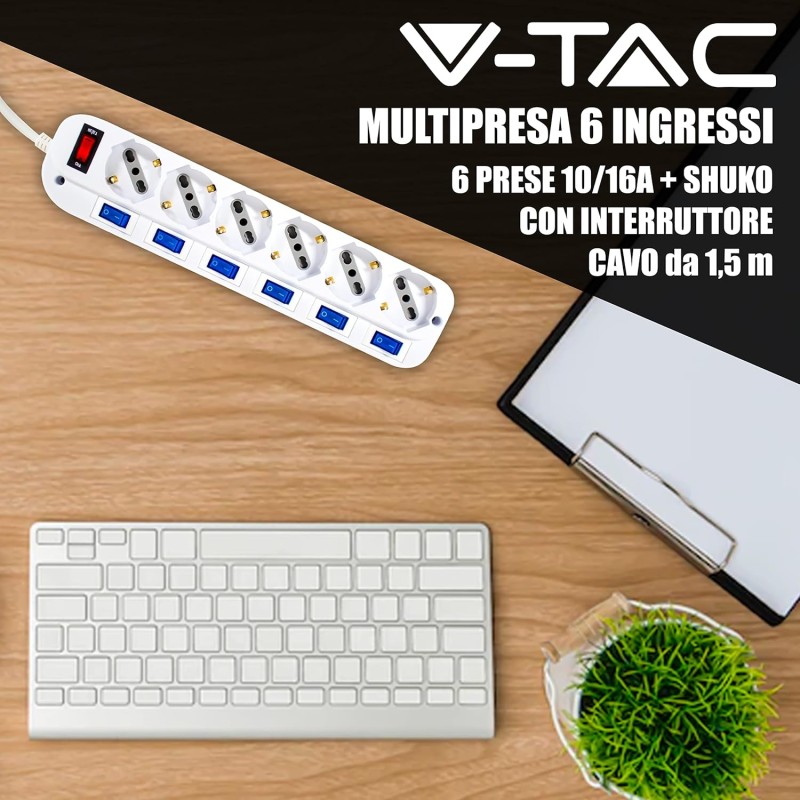 V-TAC Multipresa Elettrica con Interruttori Indipendenti - 6 Prese 10/16A Bipasso + Schuko - Spina 16A - Presa Elettrica per Casa, Ufficio, Negozio - Ciabatta - Colore Bianco V-TAC Multipresa Elettrica con Interruttori Indipendenti - 6 Prese 10/16A Bipasso + Schuko - Spina 16A - Presa Elettrica per Casa, Ufficio, Negozio - Ciabatta - Colore Bianco