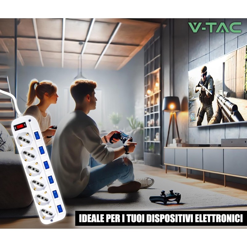 V-TAC Multipresa Elettrica con Interruttori Indipendenti - 6 Prese 10/16A Bipasso + Schuko - Spina 16A - Presa Elettrica per Casa, Ufficio, Negozio - Ciabatta - Colore Bianco V-TAC Multipresa Elettrica con Interruttori Indipendenti - 6 Prese 10/16A Bipasso + Schuko - Spina 16A - Presa Elettrica per Casa, Ufficio, Negozio - Ciabatta - Colore Bianco